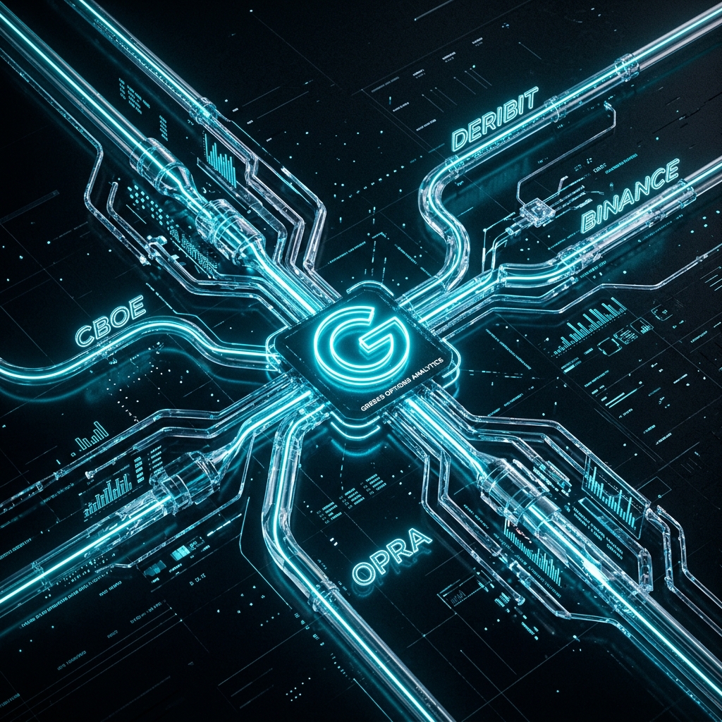 Greeks Options Platform Anatomy - A financial data bridge providing real-time technical infrastructure for global exchanges like CBOE, OPRA, Deribit, and Binance.